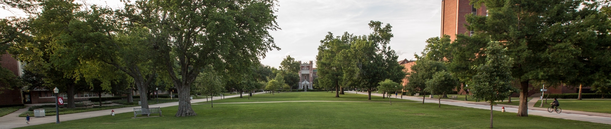 External view Bizzell Library as seen across the vast green space of the South Oval on the campus of the University of Oklahoma.