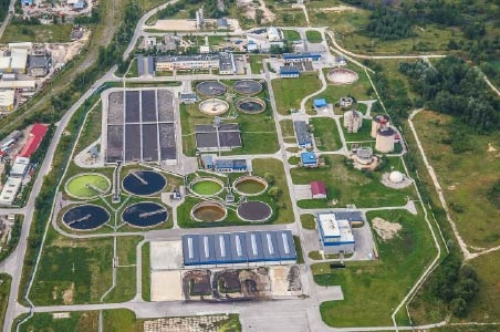 Aerial photograph of a water treatment facility.