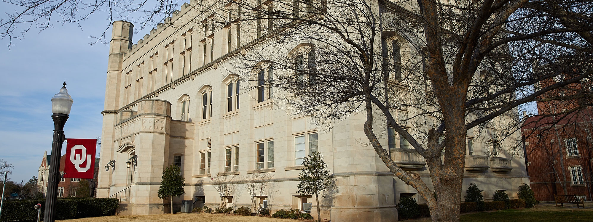 A walkway between Evans Hall and Bizzell Memorial Library, lined with lampposts with OU flags.