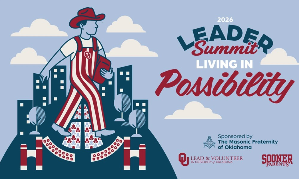 Light blue graphic with a modern depiction of a cartoon Seed Sower in red and white striped overalls on the south oval. Reads "2026 Leader Summit Living in Possibility." Sponsored by the Masonic Fraternity of Oklahoma, Sooner Parents, and Lead & Volunteer.