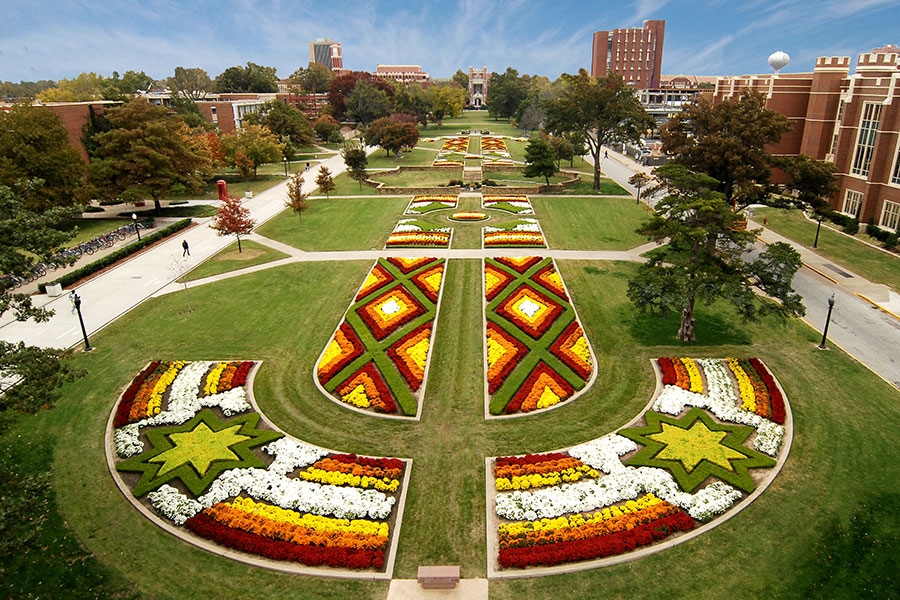 Aerial view of the O-U south oval lawn with flower beds in full bloom with red, yellow, white, and orange flowers.