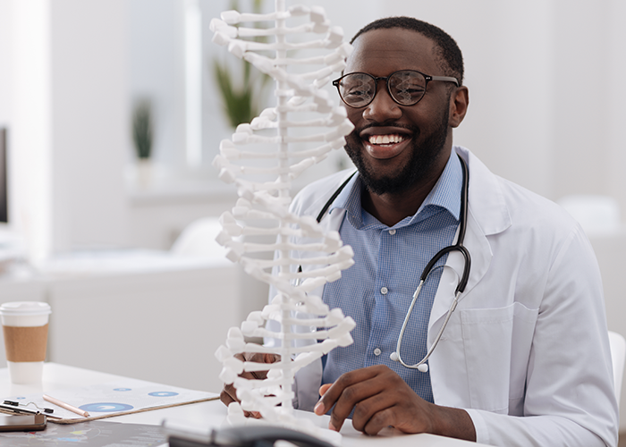 A doctor sitting at a table, with a D N A 3 D model in front of them.