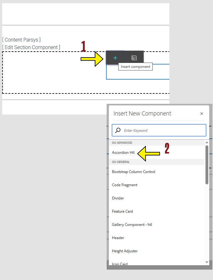 arrow pointing to the + icon on the component menu and another arrow pointing to the Bootstrap Column Control option on the insert new component menu