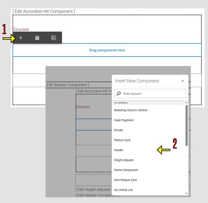 CMS screen showing the plus + icon for inserting new components, and the "Insert New Component" dialog box that displays choices for adding new components. 