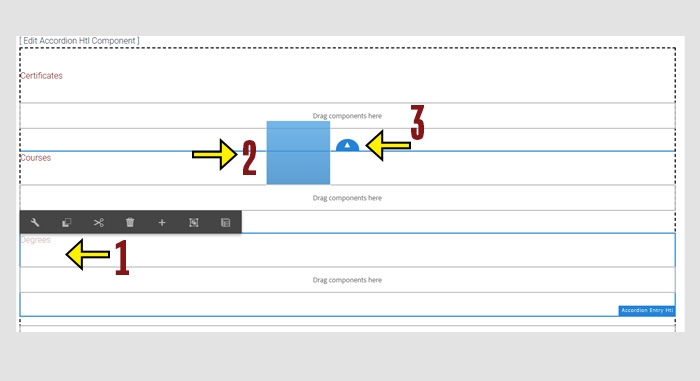 CMS screen illustrating how the component turns to a blue box as you drag it around the screen. Blue arrows indicate where the component can be dropped into place.