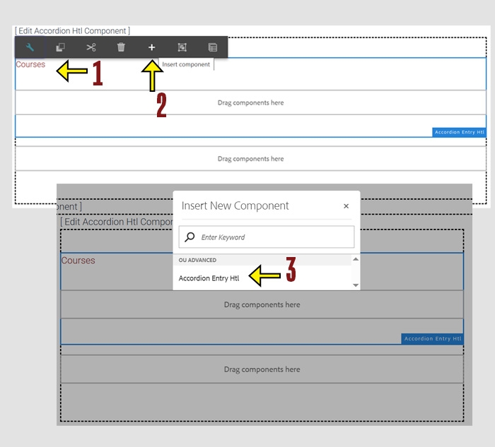CMS screen with arrow pointing to the "Accordion Title", the "Insert Component icon" and the corresponding "Insert New Component" dialog box with "Accordion Entry" as the only option.