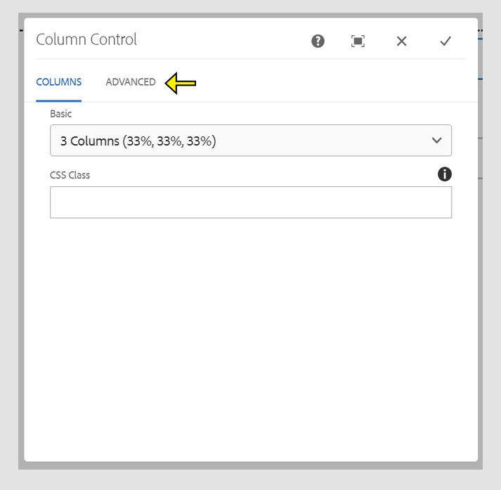 CMS Column Control screen with and arrow highlighting the "Columns" and the "Advanced" tabs.