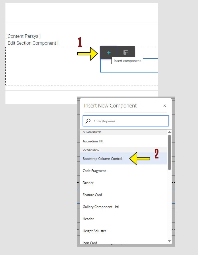 arrow pointing to the + icon on the component menu and another arrow pointing to the Bootstrap Column Control option on the insert new component menu