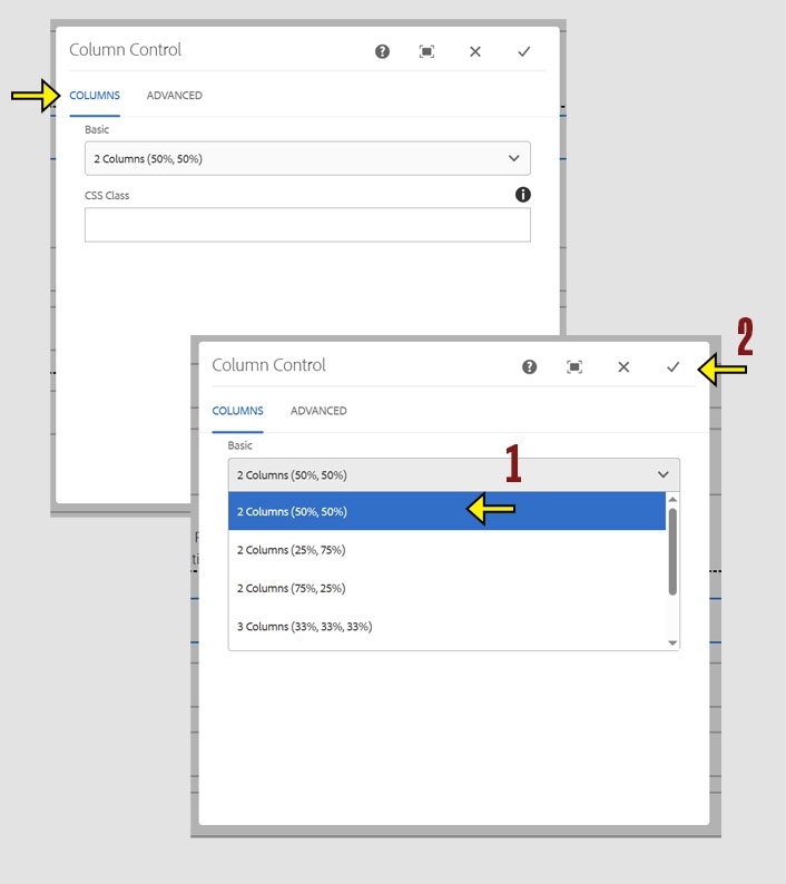 CMS Column Control screen with and arrow highlighting the dropdown list for choosing a column layout along with the check mark for saving changes. 