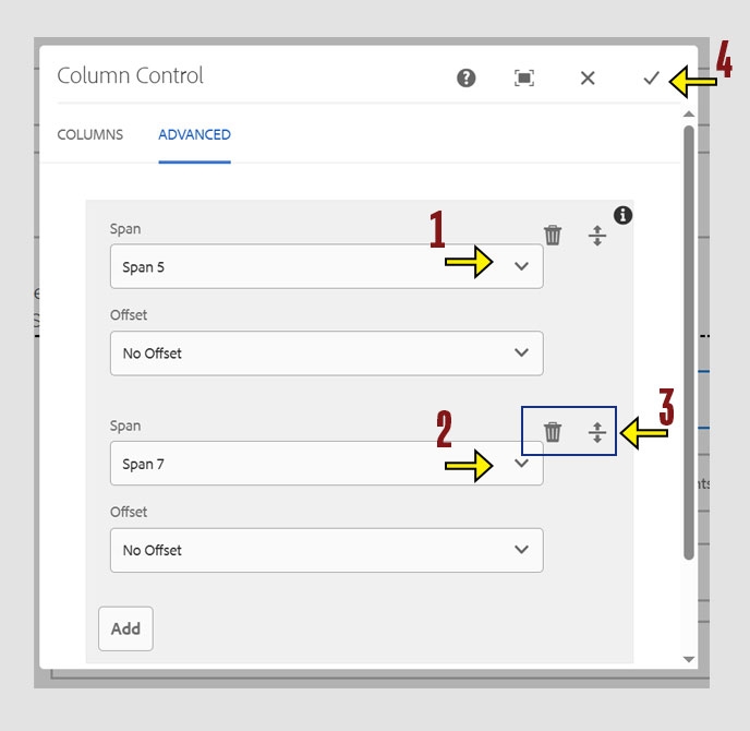 CMS column control screen showing the use of dropdown lists for setting the Span size. Icons for move and delete are also highlighted along with the check mark for saving changes.