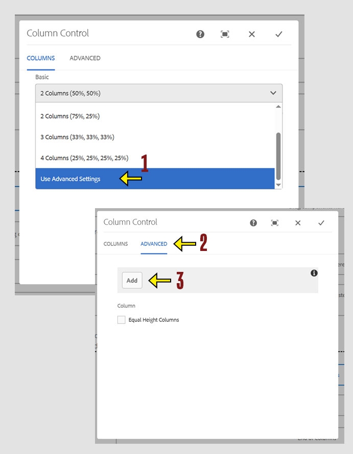 CMS Column Control screen showing the "Use Advanced Settings" option in the Basic layout dropdown. This enables the "Advanced" tab with Add button