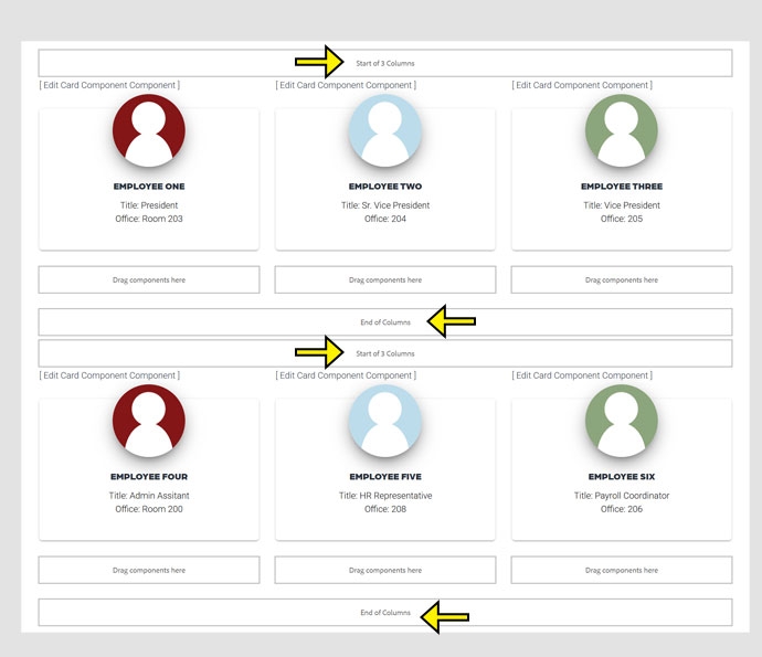 CMS screen showing that each row of content needs to have its own column control. Arrows highlight the beginning and end of each column control.