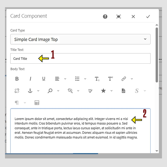 Card Component settings with an arrow highlighting "Tilte Text" field and the "Body Text" Fields