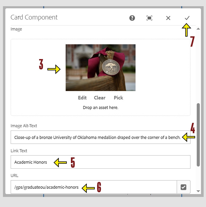 Card Component settings with an arrow highlighting drop and drop area for the "Image" field and the "Image Alt Text" , "Link Text" and "URL" fields along with the check mark for saving changes.