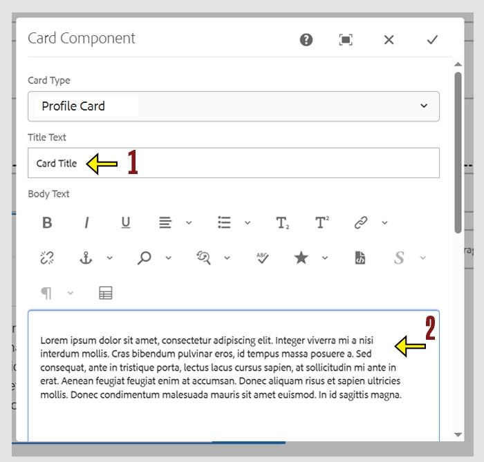 Card Component settings with an arrow highlighting "Tilte Text" field and the "Body Text" Fields