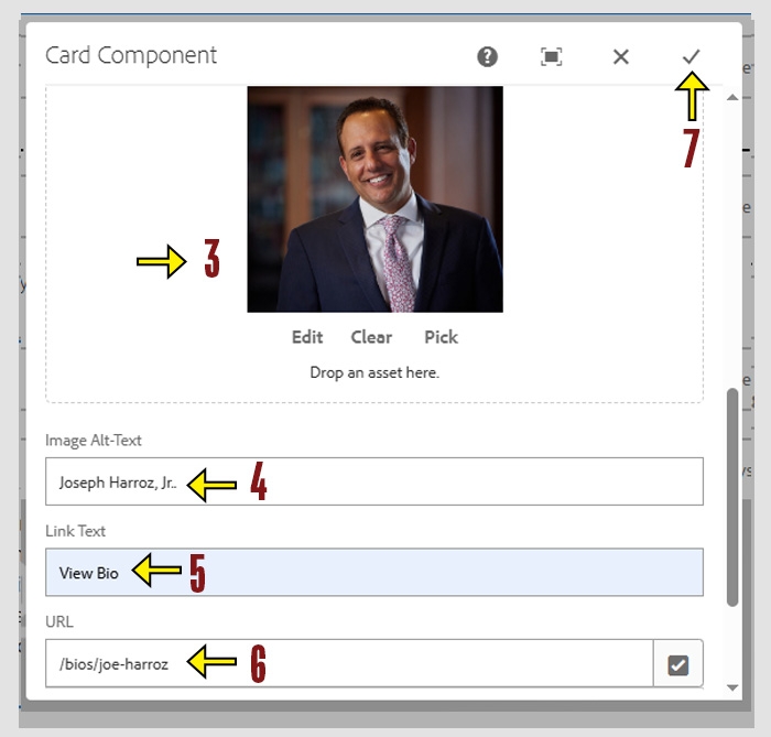 Card Component settings with an arrow highlighting drop and drop area for the "Image" field and the "Image Alt Text" , "Link Text" and "URL" fields along with the check mark for saving changes.