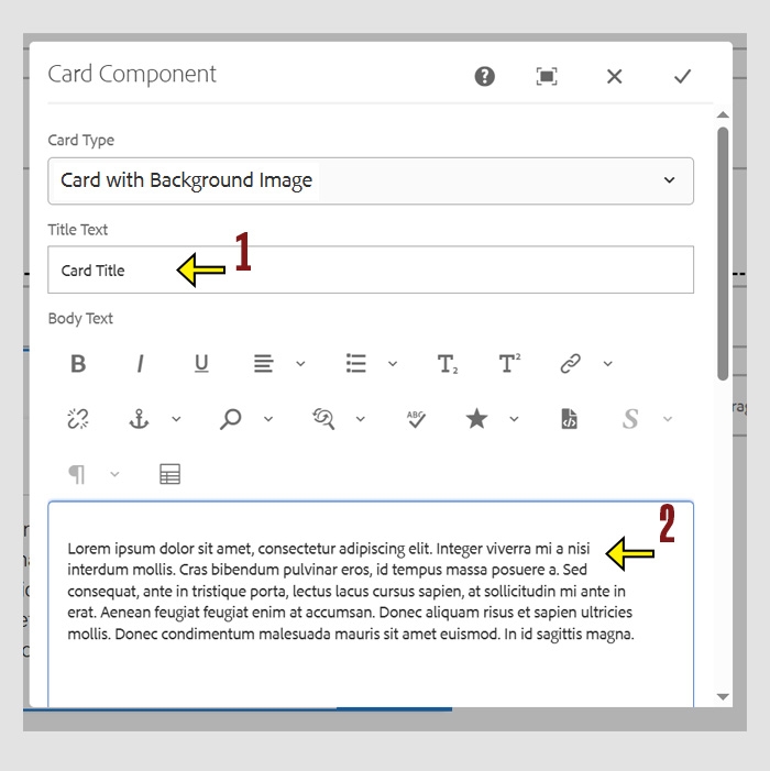 Card Component settings with an arrow highlighting "Tilte Text" field and the "Body Text" Fields