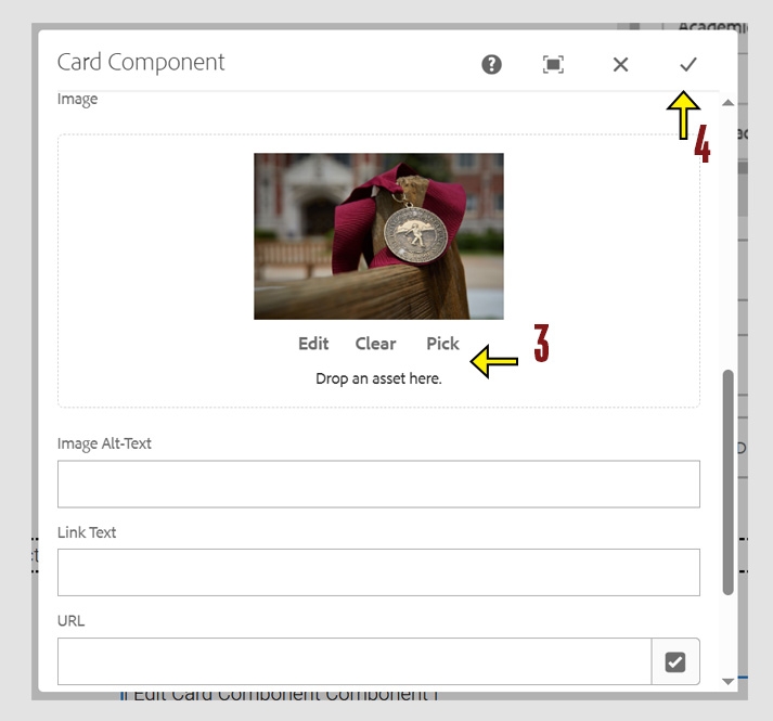 Card Component settings with an arrow highlighting drop and drop area for the "Image" field and the check mark for saving changes.