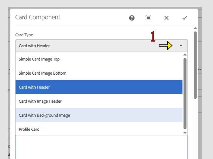 Card Component settings with an arrow highlighting the Card Type dropdown of the available coptions to choose from.