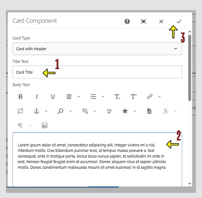 Card Component settings with an arrow highlighting "Tilte Text" field and the "Body Text" Field and the check mark to save changes.
