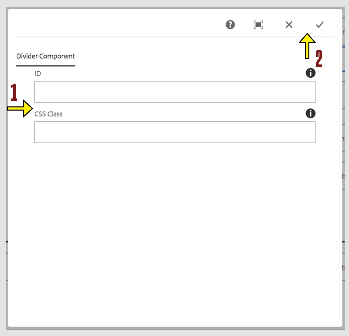 The divider component configuration with an arrow highlighting the options: ID and CSS Class and the check mark for saving.