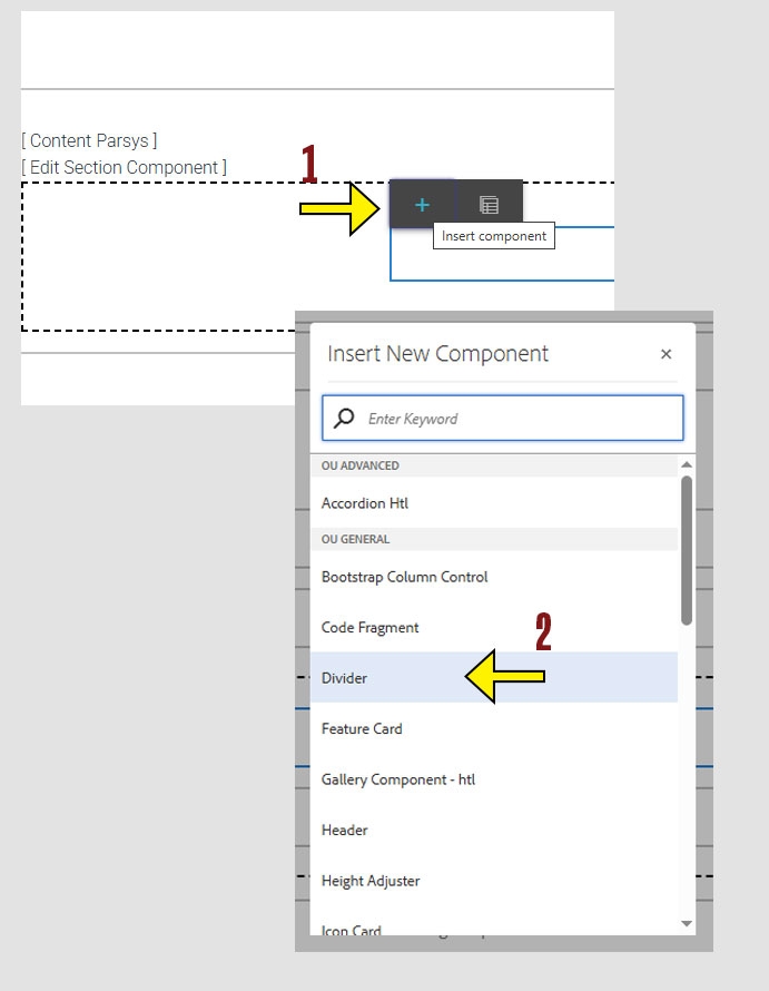 arrow pointing to the + icon on the component menu and another arrow pointing to the Divider option on the insert new component menu