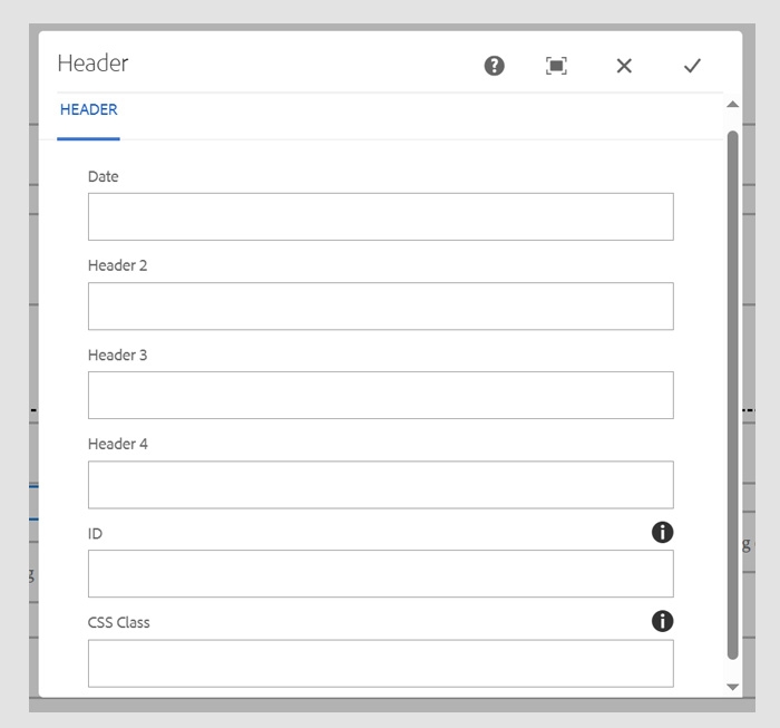 Header Component configuration fields: Date, Header 2, 3 and 4, ID and CSS Class.