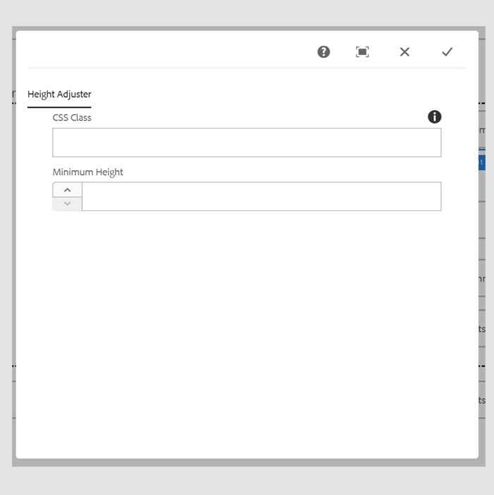 Hight Adjuster configuration screen with CSS Class and Minimum Height fields.