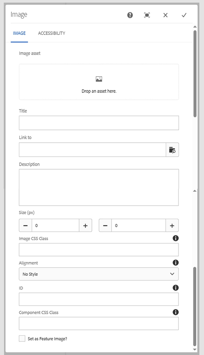 O U Image component showing fields for configurable options: Image Asset, Alt Text, Title, Link to, Description, Size, Alignment, Image CSS class, ID, Component CSS Class and Set a Feature Image.