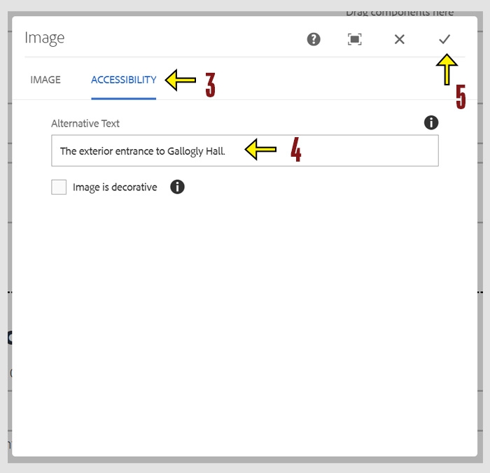 OU Image component showing sample text "The exterior entrance to Gallogly Hall" typed into the Alt text field on the accessibility tab. The check mark is shown for saving changes.