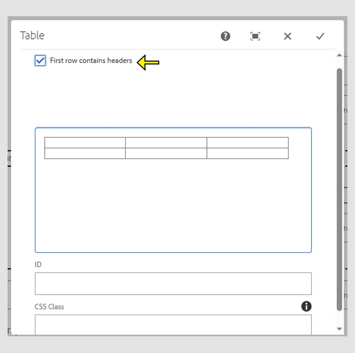 Table component configurations showing a check mark in the "First row contains header" area.