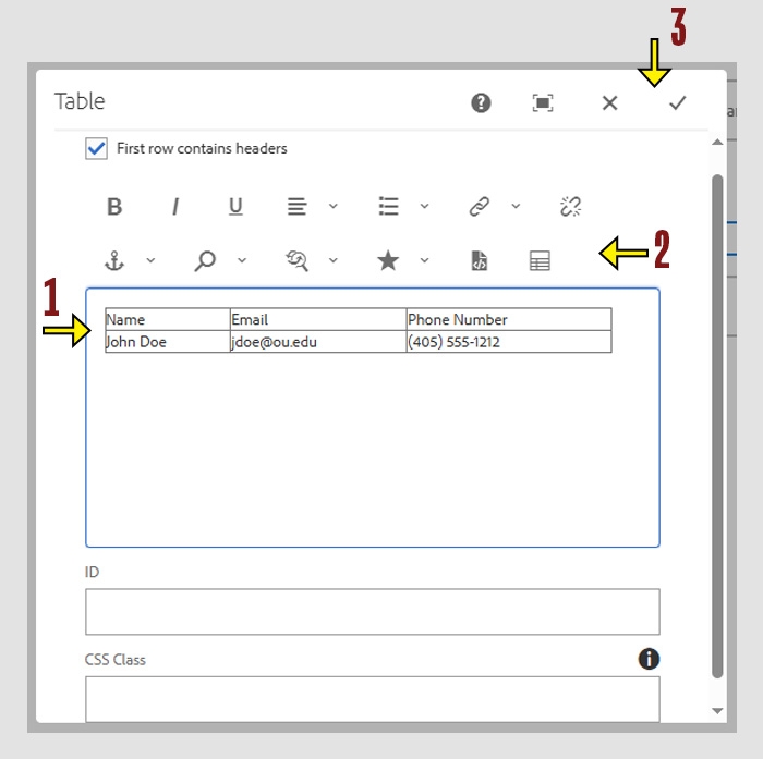 Table component configurations showing sample data in the columns and fields. An arrow points to the text editing options and a check mark shows how to save changes.
