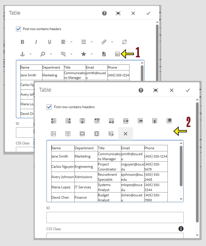 An arrow points to a small table icon in the Table Component configuration settings. A separate windows show the additional menu that opens when it is selected.