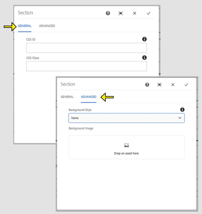 Section configuration settings. Two tabs show General and Advanced options. General include ID and CSS Class. Advanced include: Background Style and Background Image.