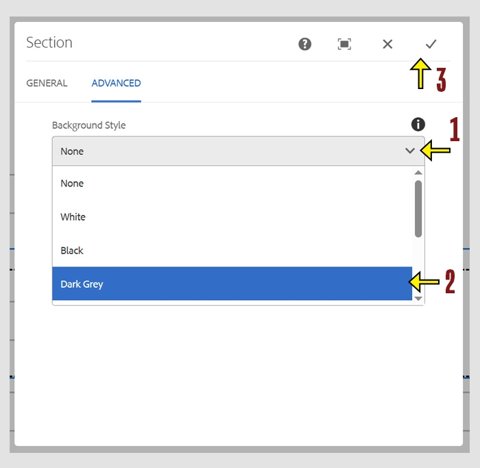 Configuration settings of the Advanced tab. Dropdown list for Background Style is show. Dark Grey is selected and a check mark shows where to save changes.