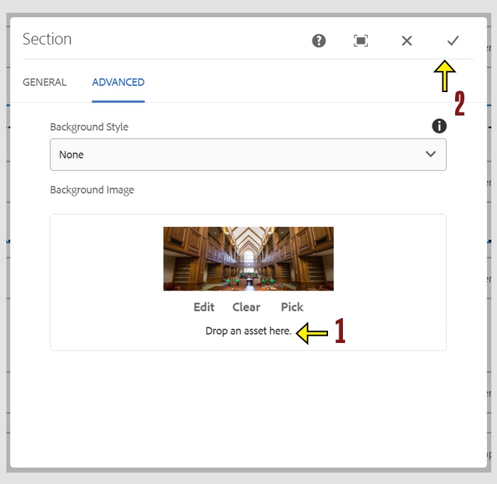 Configuration fields of the section showing an image in the Background Image area. The Check mark is highlighted to show how to save changes. 