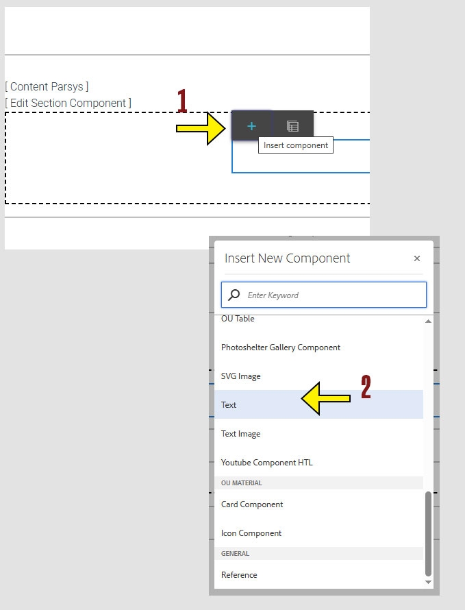 arrow pointing to the + icon on the component menu and second arrow pointing to the Text Control option on the insert new component menu.