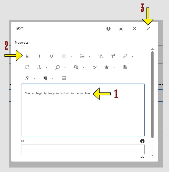 Configuration fields of the Text component. Arrows highlight the text field area and the associated tool bar. The check mark is highlighted to sow how to save changes.