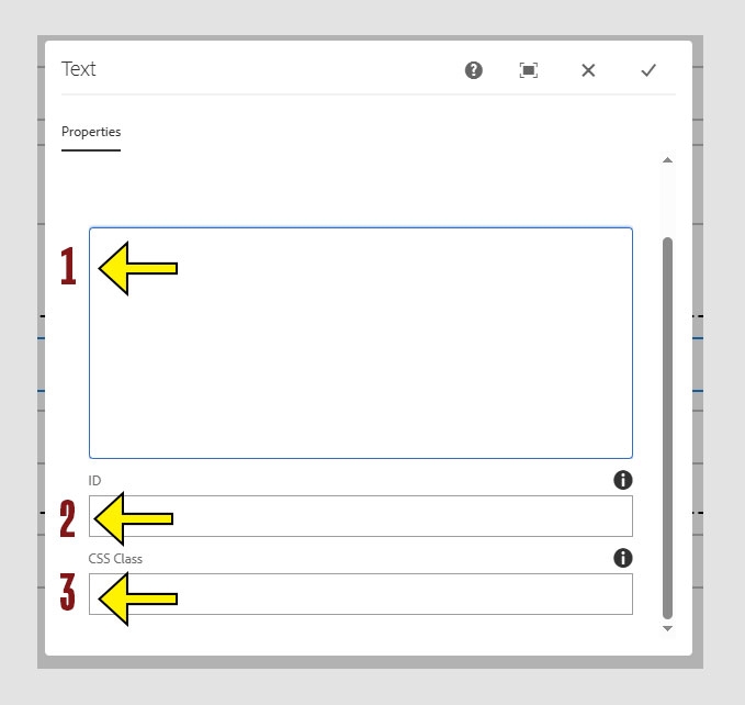 Configuration fields of the Text component: Text box, ID, CSS Class. Arrows highlight each field.