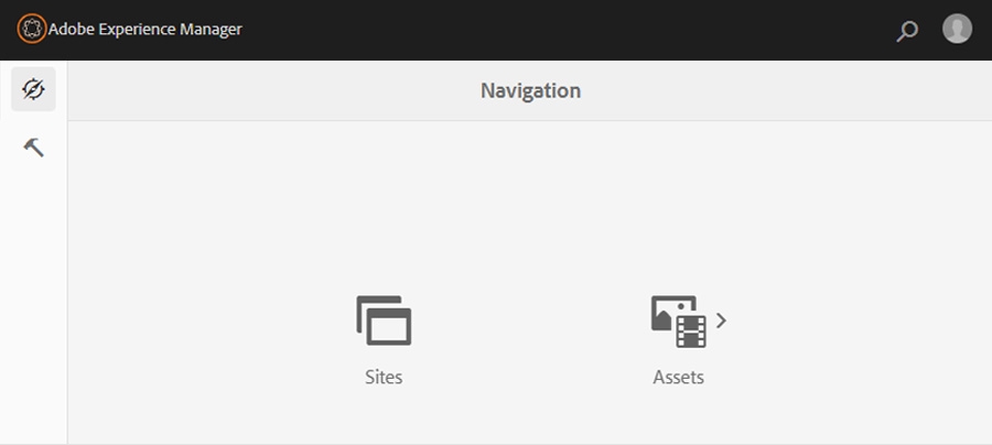 The main navigation screen of the CMS. Sites and Assets are the available navigation choices.
