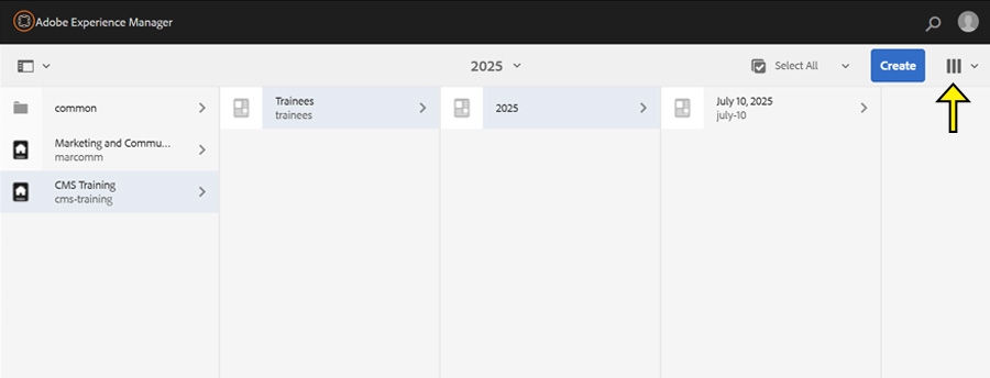 Screenshot of AEM showing site structure with arrow pointing to the Column View menu.