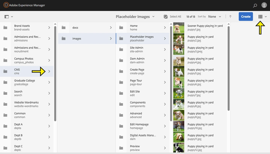 Screenshot of AEM showing the structure of Assets with arrow pointing to the Column View menu.