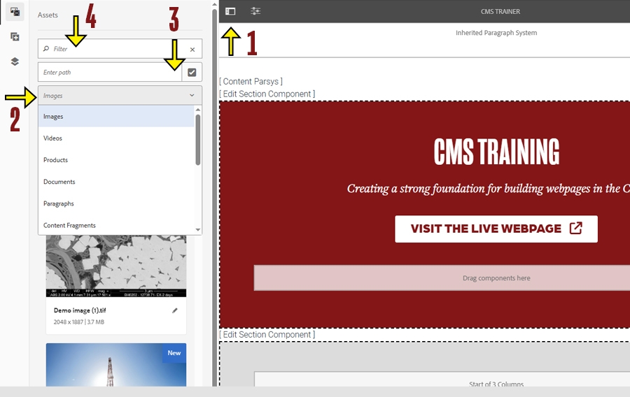 Screenshot of AEM showing site structure with arrow pointing to the > icon, which represents more content.