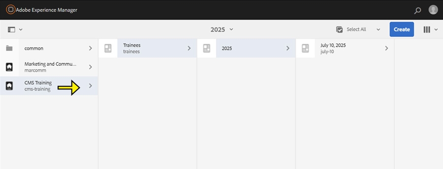 Screenshot of AEM showing site structure with arrow pointing to the > icon, which represents more content.