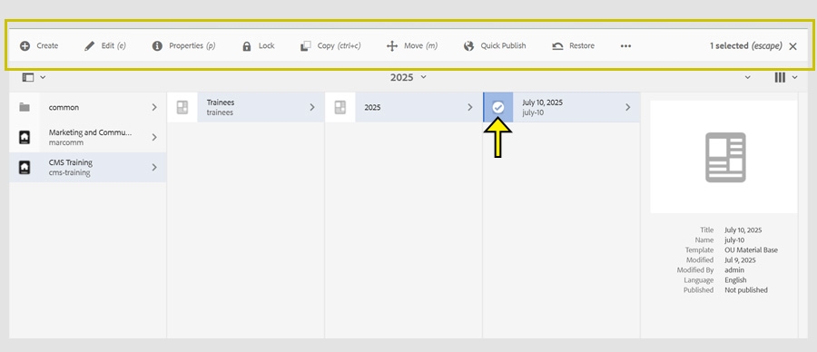 CMS Navigation screen highlighting the toolbar options once a page is selected with a check mark.