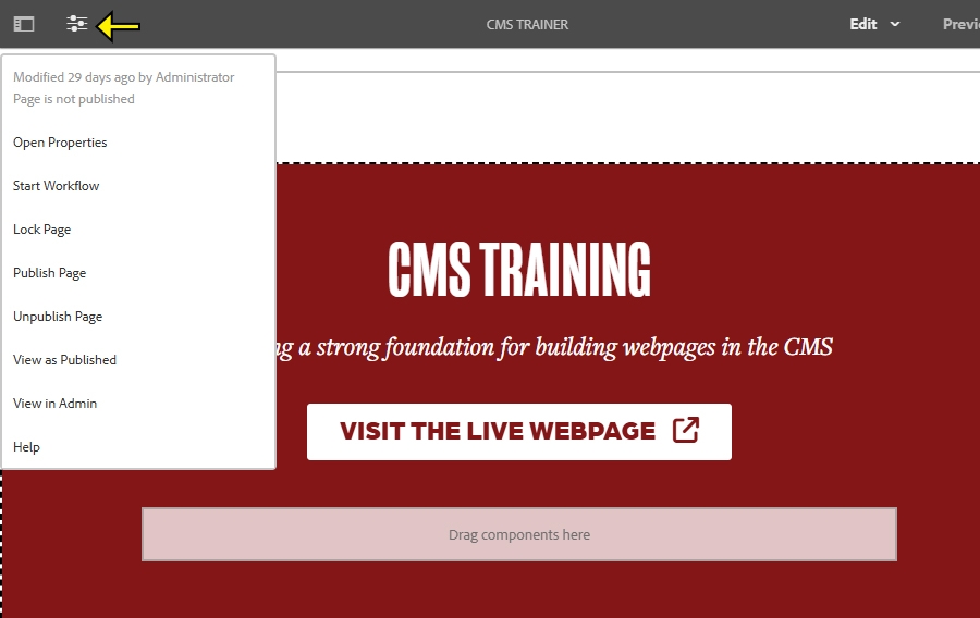 Screenshot of AEM showing site structure with arrow pointing to the > icon, which represents more content.
