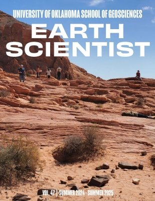 Earth Scientist magazine cover with two students on a mountain looking off into the distance.