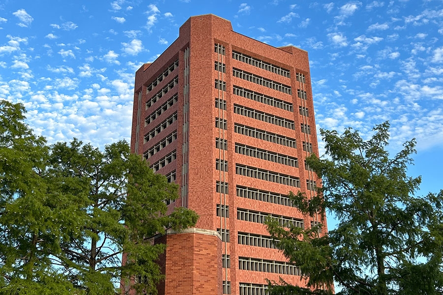 A professor and student working on a computer for research.