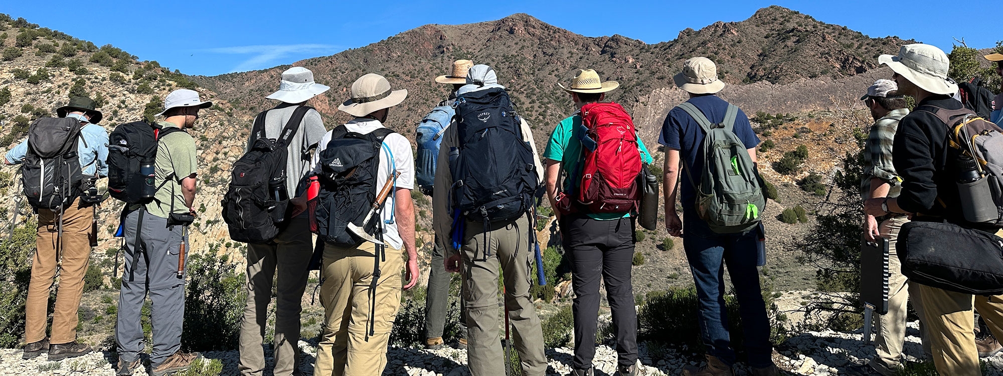 A group of students looking at a mountain range.
