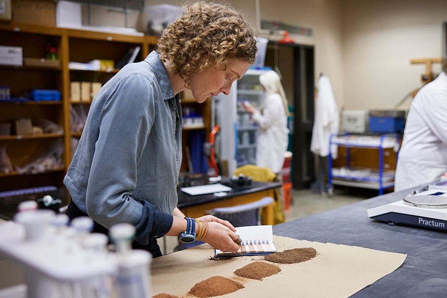 A woman working with soil samples in a laboratory.